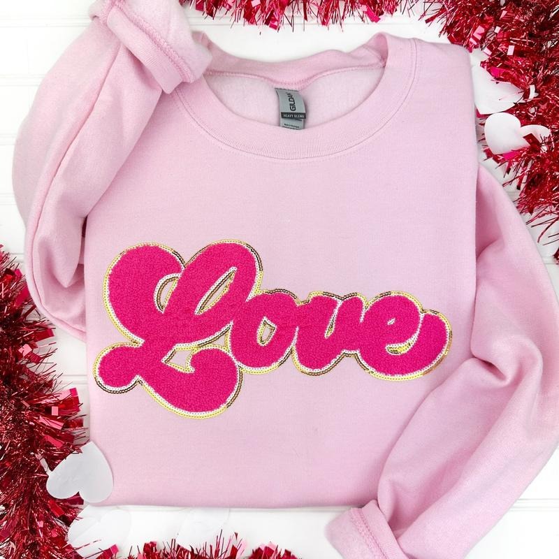 Dark Pink Chenille Love Patch Sweatshirt -- LIGHT PINK T-Shirts, Hoodie | RetroVerseTees.com