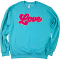 Dark Pink Chenille Love Patch Sweatshirt -- SCUBA BLUE T-Shirts, Hoodie | RetroVerseTees.com