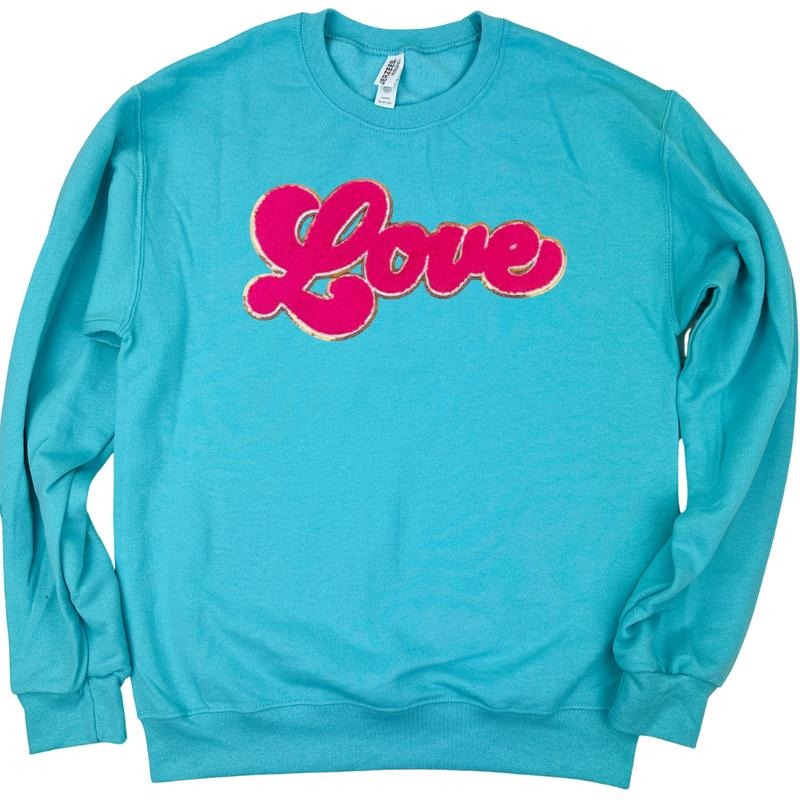 Dark Pink Chenille Love Patch Sweatshirt -- SCUBA BLUE T-Shirts, Hoodie | RetroVerseTees.com