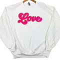 Dark Pink Chenille Love Patch Sweatshirt on White T-Shirts, Hoodie | RetroVerseTees.com