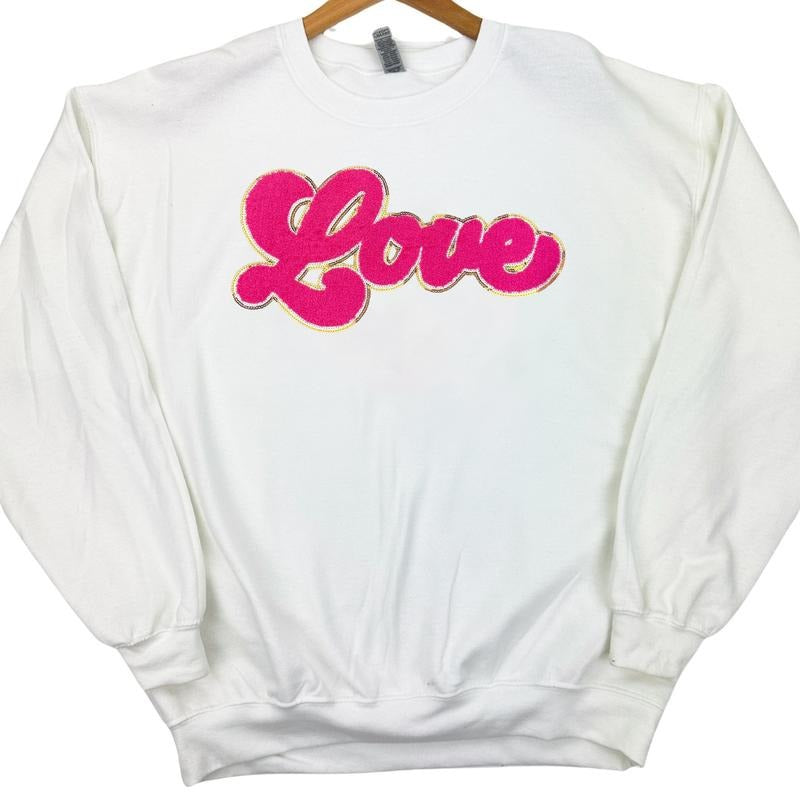 Dark Pink Chenille Love Patch Sweatshirt on White T-Shirts, Hoodie | RetroVerseTees.com