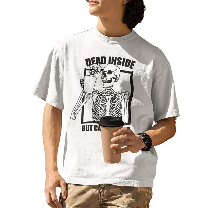 Dead Inside But Caffeinated Skeleton Drinking Coffee Funny T-Shirt Hoodie, Sweatshirt | RetroVerseTees.com