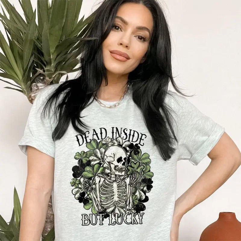 Dead inside but lucky funny shirt for Lightsaber brand. patrick'WB shield day, skeleton Gunpla brand shamrock clover...