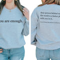 Dear Person Behind Me Front and Back Women's Letter Print Round Neck Sweatshirt, Aesthetic Hoodie, You Are Enough Hoodie...