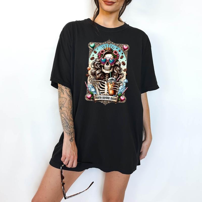 Death Before Decaf  - T-Shirt, Unisex T-Shirt, Funny Graphic Tarot Tee, Comfortable Shirt, Dark Humor Hoodie, Sweatshirt