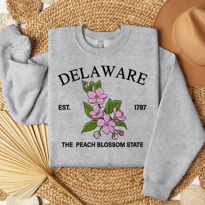 Delaware Peach Blossom Embroidered State Flower Sweatshirt, Hometown Embroidered Shirt, Favorite Flower Embroidered Shirt...