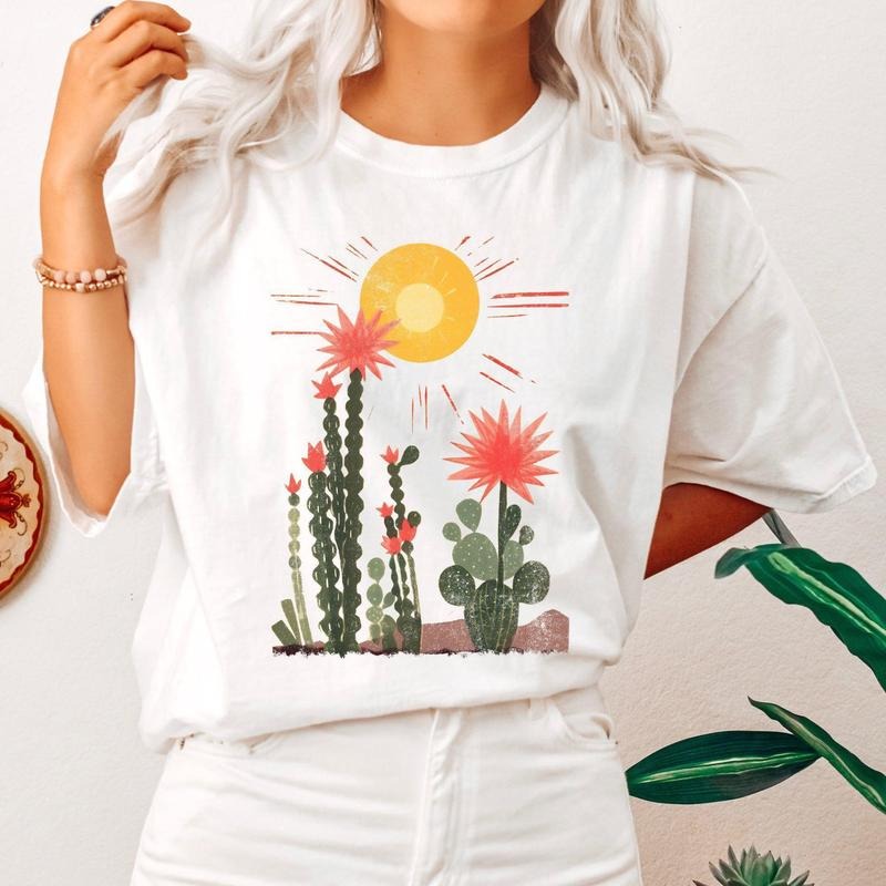 Desert Cactus Tshirt, Sun Succulent,  Western, Plants, Women's Crew Neck, Crewneck Hoodie, Sweatshirt | RetroVerseTees.com