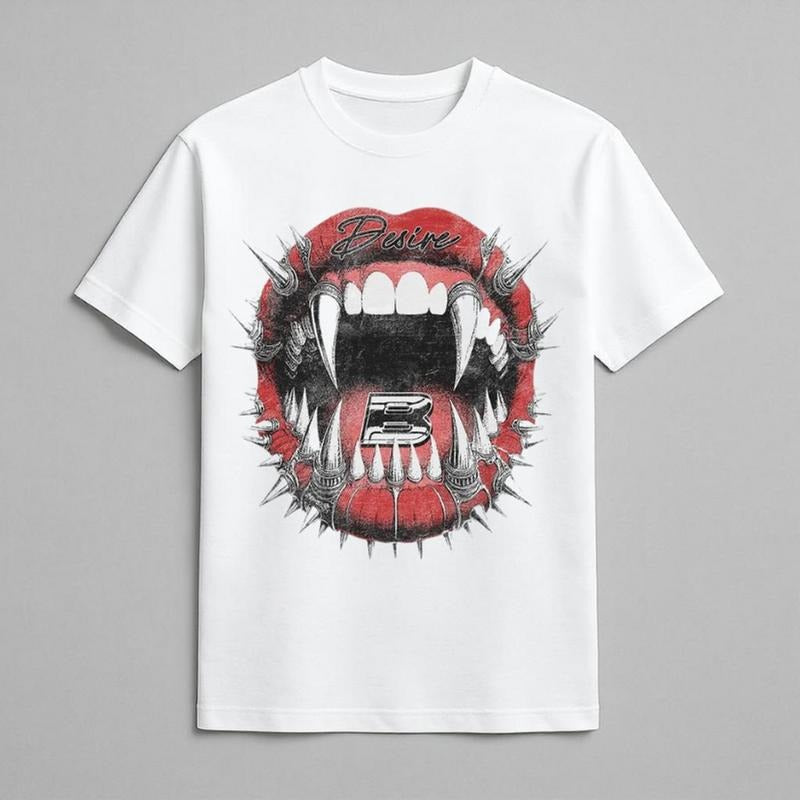 Desire Fangmouth Graphic Tee - Spiked Lips & Chrome B Bite Art Graphic Tee, Y2k Shirt, Y2k Clothing, Vintage T-Shirt,...