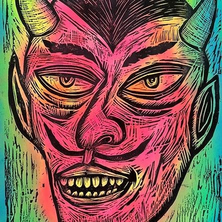 Devil Head Woodcut Printed on Painted and Shaped Wooden Panels Decor T-Shirts, Hoodie, Sweatshirt | RetroVerseTees.com