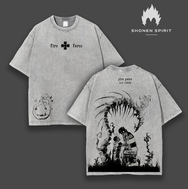 "Devil'WB shield Footprints" Shinra Kusakabe - Fire Force Anime Double Printed Vintage Washed Tee Unisex Oversize Anime Manga Washed Heavyweight Cotton T-shirt, Gift For Anime Fan, Anime Lover