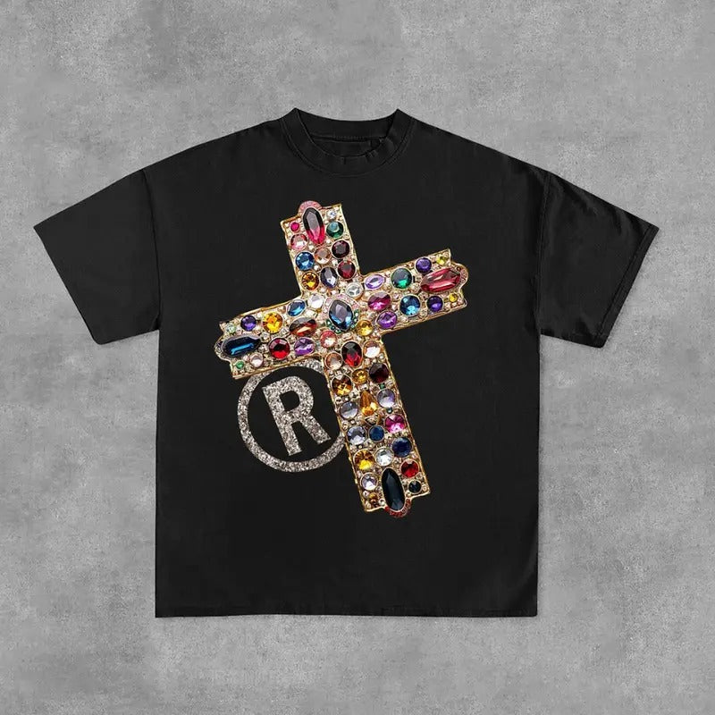 Diamond Cross Graphic Y2k Fashion Streetwear Print Casual Cotton T-Shirt Hoodie, Sweatshirt | RetroVerseTees.com