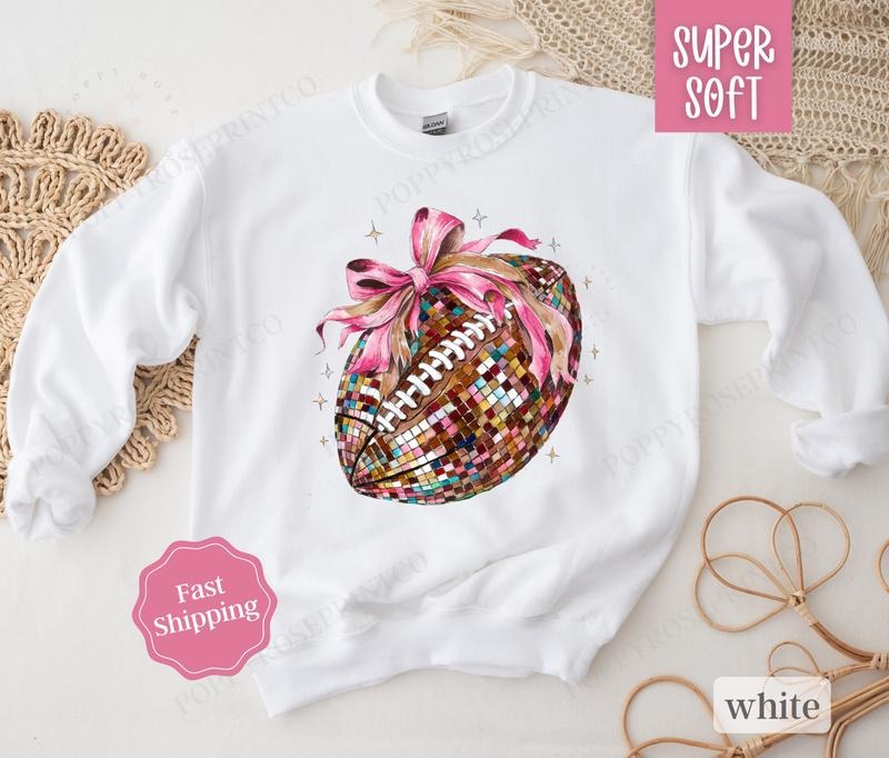 Disco Football Bow Sweatshirt, Game Day Football Crewneck, Womens Sweatshirt, Fall Sweater T-Shirts, Hoodie