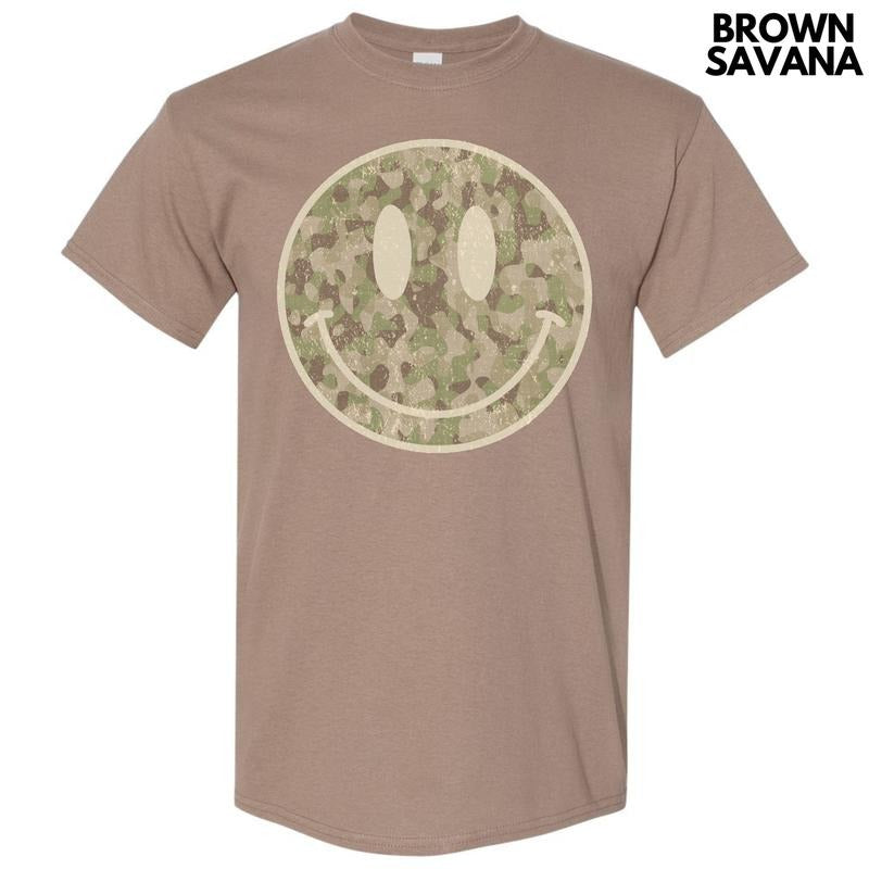 Distressed Camo Happy Face Gildan Short Sleeve T-Shirt 'NLB' Hoodie, Sweatshirt | RetroVerseTees.com