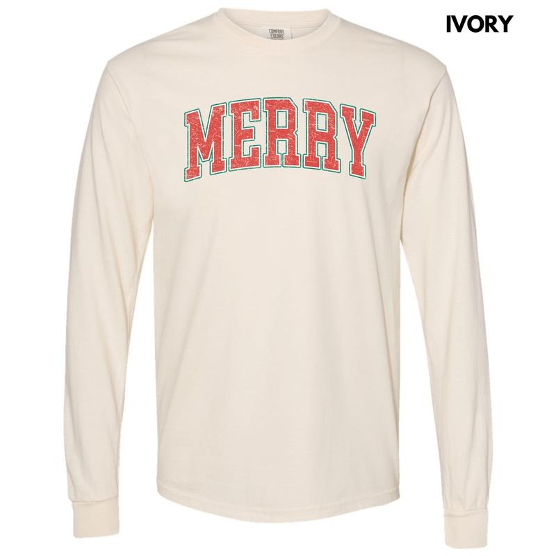 Distressed Varsity Merry Long Sleeve Comfort Colors T-Shirt 'NLB' Hoodie, Sweatshirt | RetroVerseTees.com