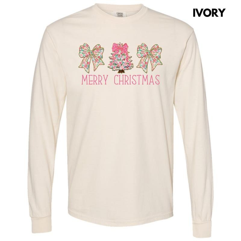 Ditsy Pink Trio Christmas Long Sleeve Comfort Colors T-Shirt 'NLB' Hoodie, Sweatshirt | RetroVerseTees.com