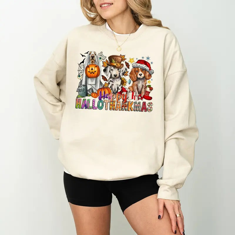 Dog Hallothanksmas Sweatshirt, Halloween Thanksgiving Christmas Sweatshirt, Holiday Season Sweatshirt, Hallothanksmas...