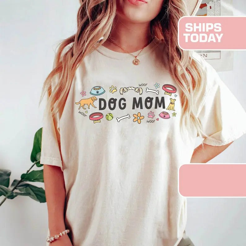 Dog Mama, Retro, Vintage Comfort Colors T shirt, Dog Lover Tee, Pet Lover Shirt Collar Cotton Top Garment Womenswear...