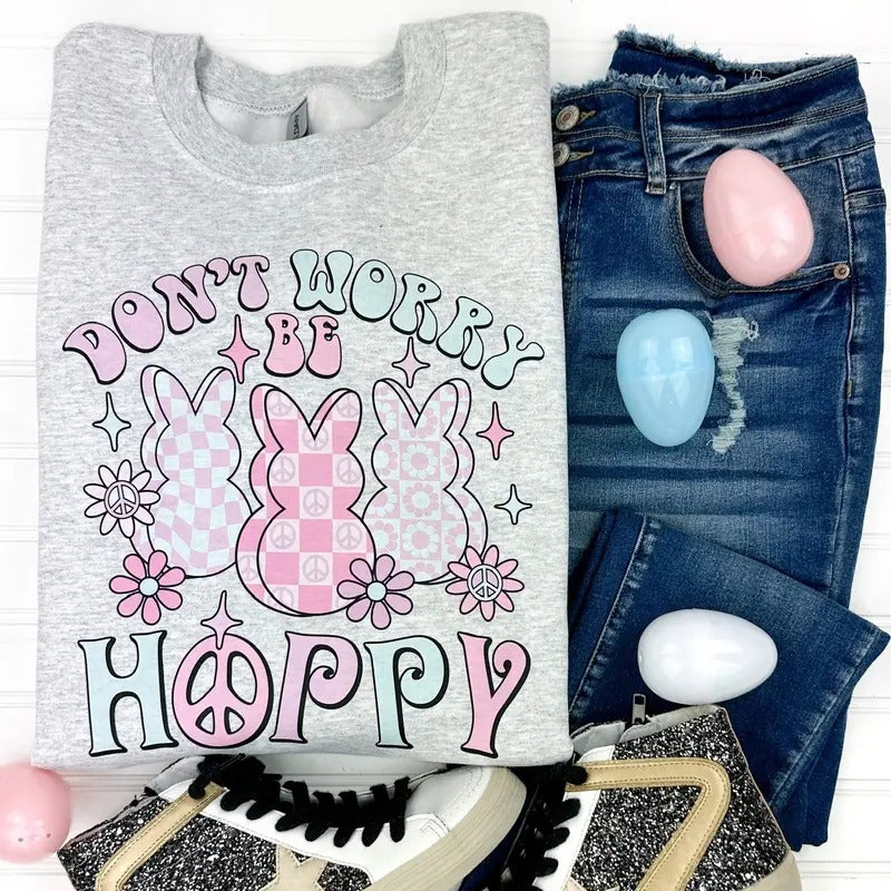 Don't Worry Be Hoppy Gildan Sweatshirt T-Shirts, Hoodie | RetroVerseTees.com