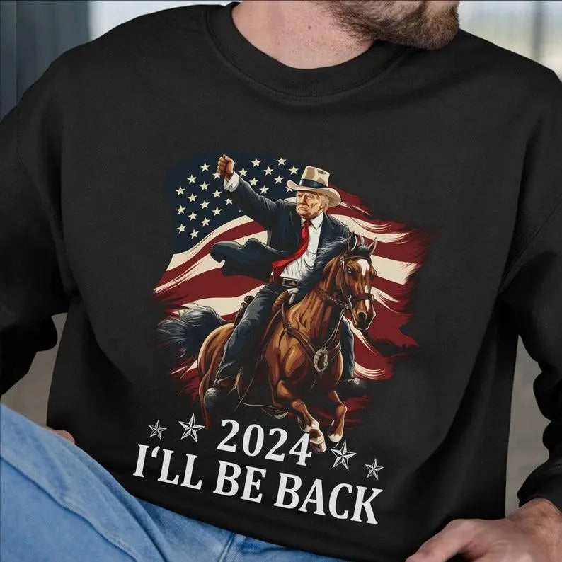 Donald Trummpp 2024 T-Shirt - Trummp Riding a Horse with The American Flag - Cowboy Trummp Sweatshirt - Trummp Hoodie -...