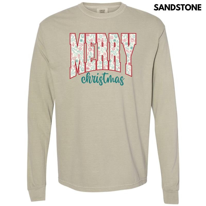 Doodle Merry Christmas Long Sleeve Comfort Colors T-Shirt 'NLB' Hoodie, Sweatshirt | RetroVerseTees.com