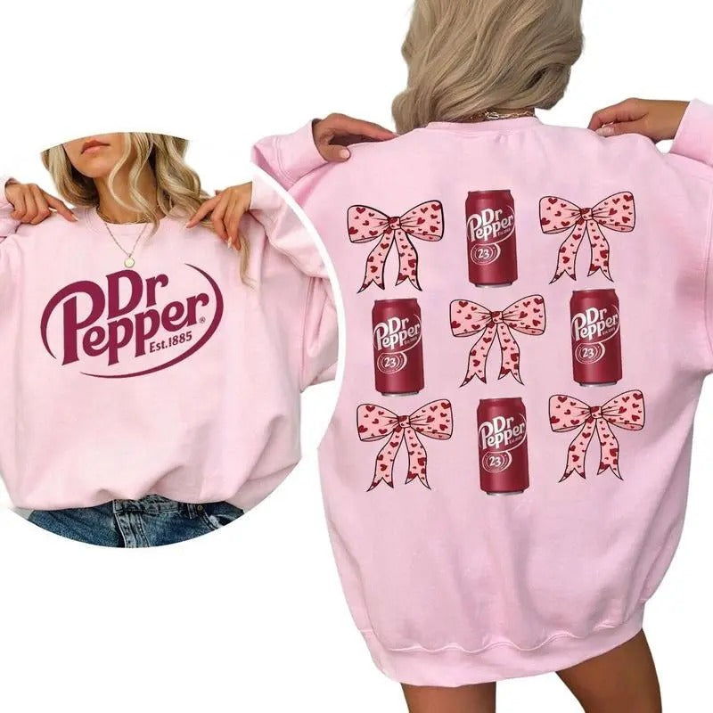 Dr Pepper Coquette Bow Pink Sweatshirt, Retro Soda Dr Pepper Shirt, 2 Sided Casual Classic Cotton Crewneck Graphic Shirt...