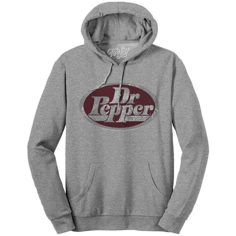 Dr Pepper Silver Logo Pullover Hooded Sweatshirt - Gray T-Shirts, Hoodie | RetroVerseTees.com