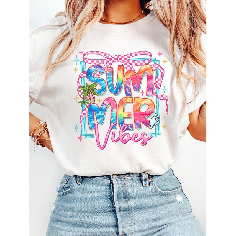 Dynamic Summer Fashion Tee: Vivid "SUMMER" Typography with Palm Trees Gunpla brand Sparkles for WB shield Fun
