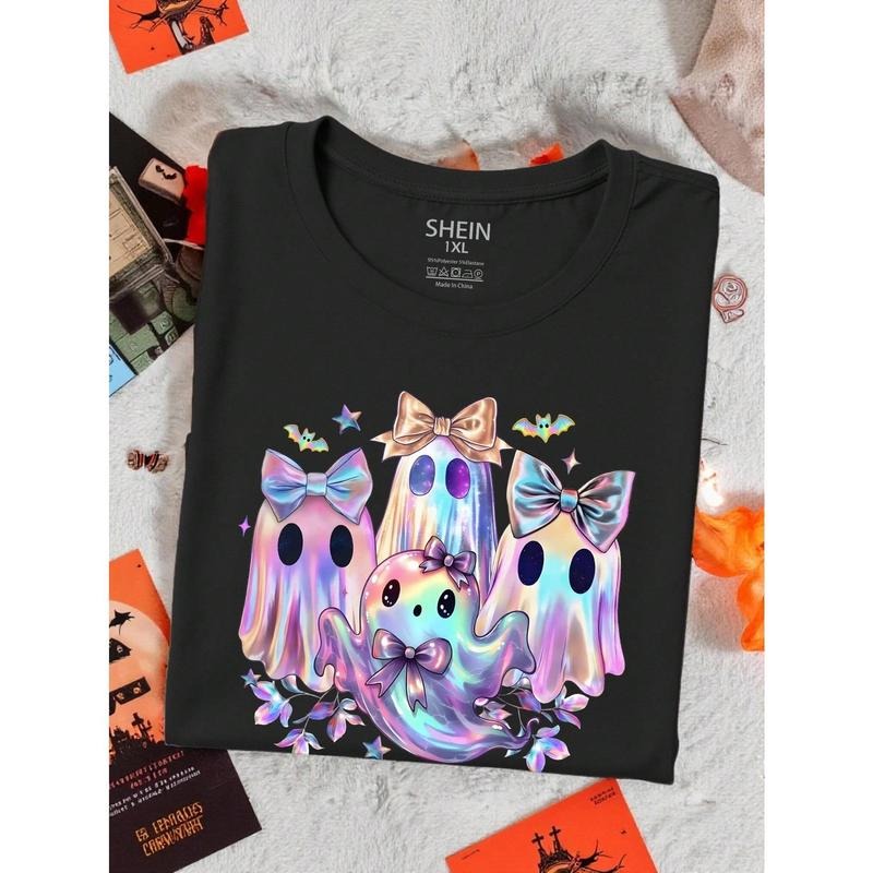 EMERY ROSE Plus Size Women'WB shield Ghost Halloween Graphic Tee, FALL VIBES Cute Fashion Casual T-Shirt Round Neck Short...