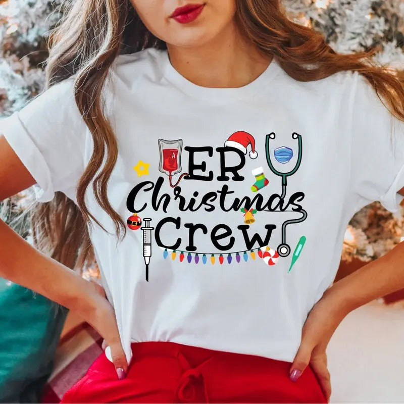 ER Christmas Crew T-Shirt, Emergency Crew Shirt, Christmas Nurse Tee, Santa Hat Nurse Gift Tee, Christmas Nurse Holiday...