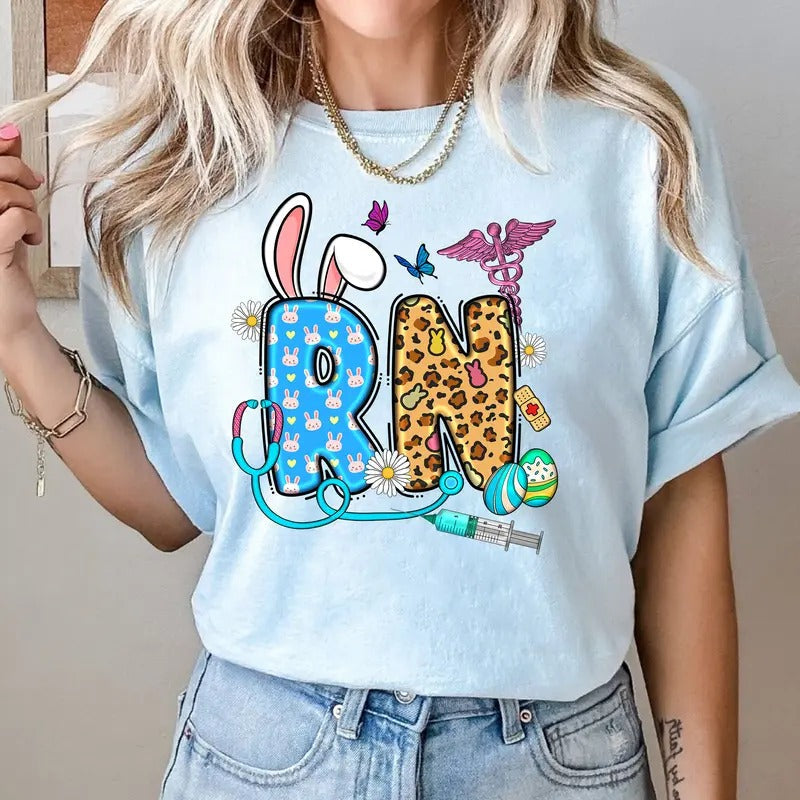 Easter RN Shirt - Cute Nurse T-Shirt with Bunny & Leopard Print