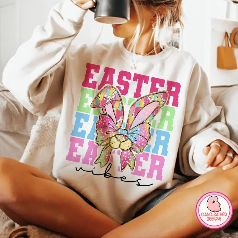 Easter vibes varsity Sweatshirt, brushstroke coquette bunny Sweatshirt, easter Sweatshirt, retro easter Sweatshirt, happy...