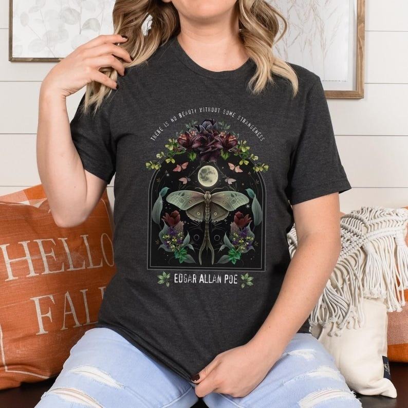 Edgar Allan Poe shirt, dark academia bookish gift, night garden literary quote, fairycore gothic magical t shirt, dark...