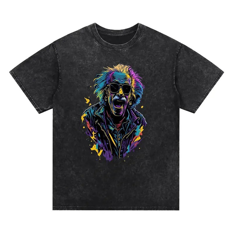 Einstein cool washed T-shirt, Colorful sunglasses, cool and unique, Splash ink embellishment, art flying, Comfortable...