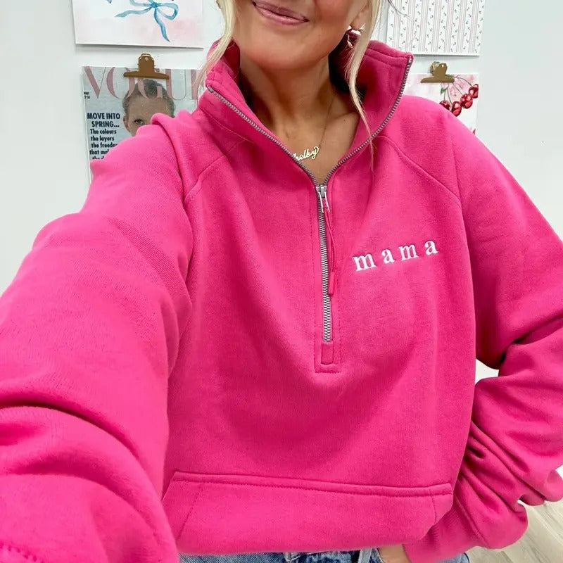 Embroidered 'Mama' Pocket Quarter Zip Sweatshirt T-Shirts, Hoodie | RetroVerseTees.com