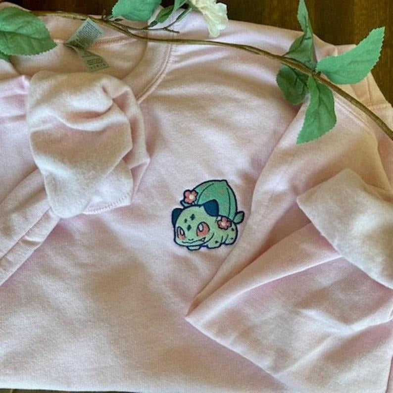 Embroidered Bulbasaur Sweatshirt, Embroidered Flower Sweatshirt, Embroidered Kawaii Sweatshirt, Anime Sweater T-Shirts,...