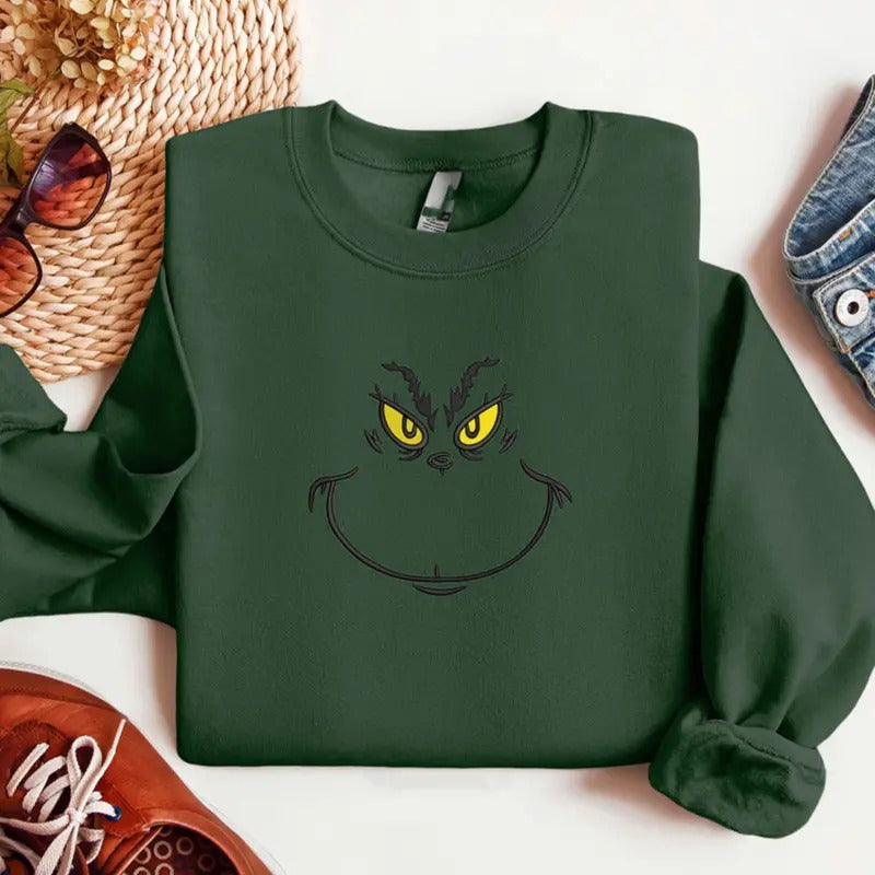 Embroidered Character Christmas Sweatshirt, Embroidery Smile Face T-shirt, Christmas Unisex Tee Hoodie | RetroVerseTees.com