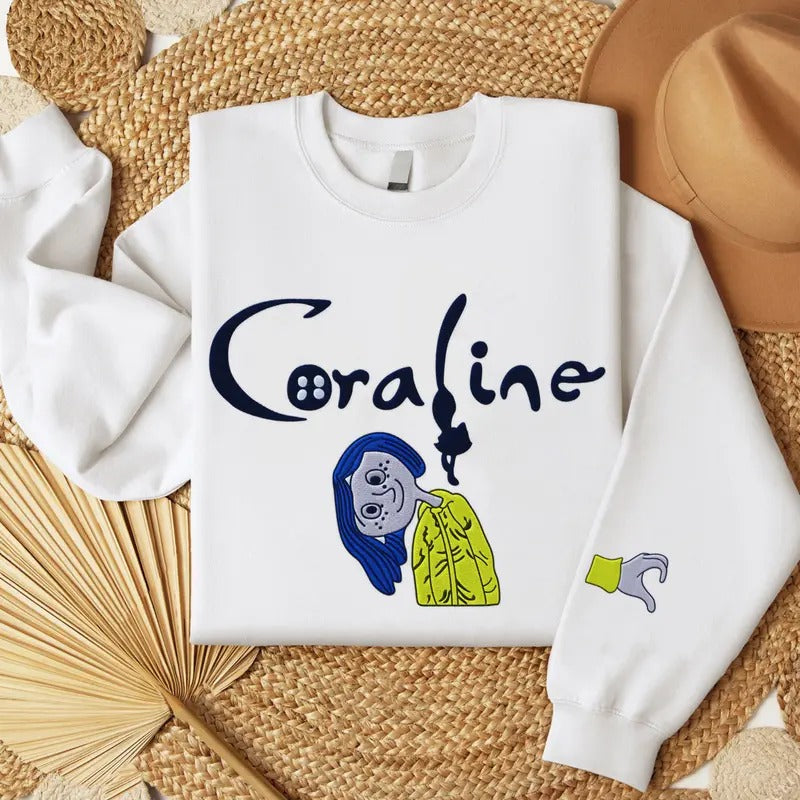 Embroidered Coraline Sweatshirt, Spooky Season Tee, Couple Matching Halloween Embroidery Shirt Gift Hoodie