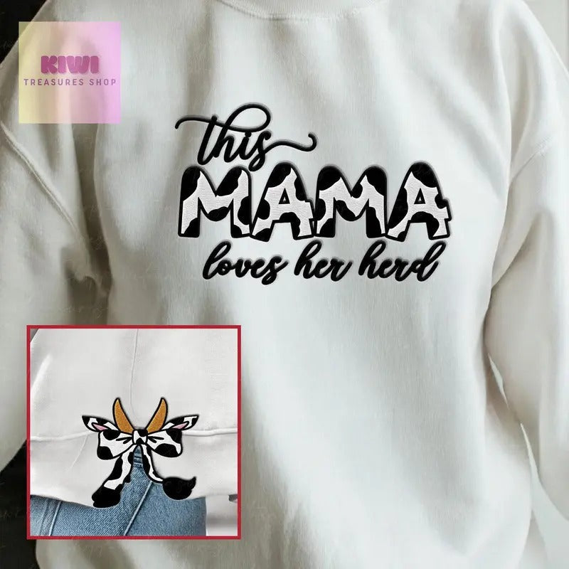 Embroidered Cow mom bow side bow Sweatshirt, Coquette Cow Bow, Farmer Cow lovers crewneck, gift for mom, Mother's day...