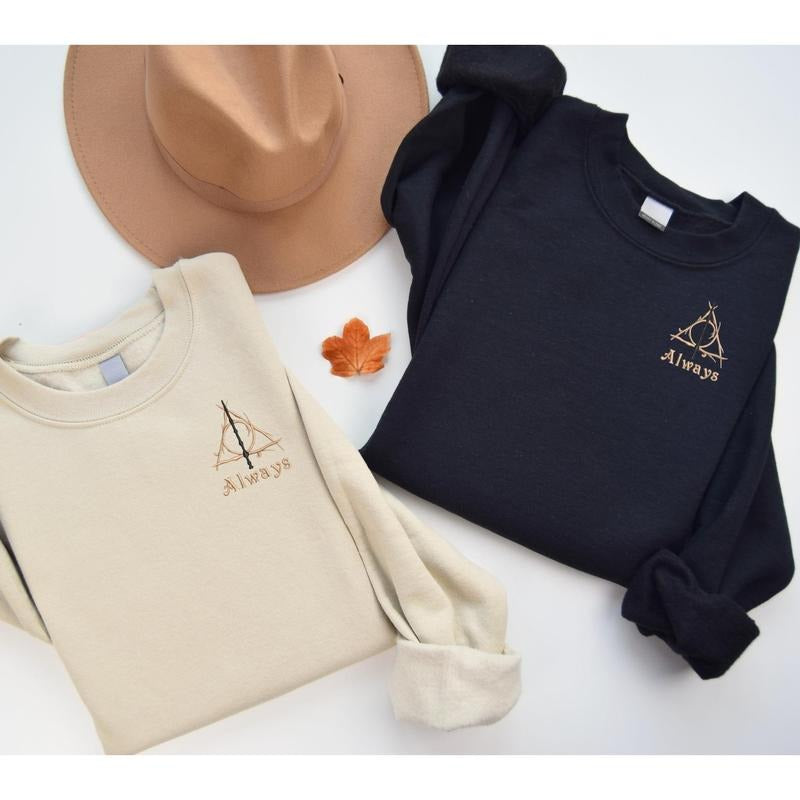 Embroidered Deathly Hallows "Always" Sweatshirt, HP Inspired embroidery shirt, HP books, Booktok Hoodie | RetroVerseTees.com