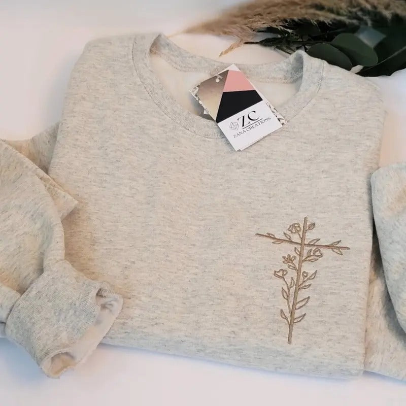 Embroidered Floral Cross Sweatshirt Christian Crewneck Faith Sweatshirt Christian Apparel Floral Cross Floral...