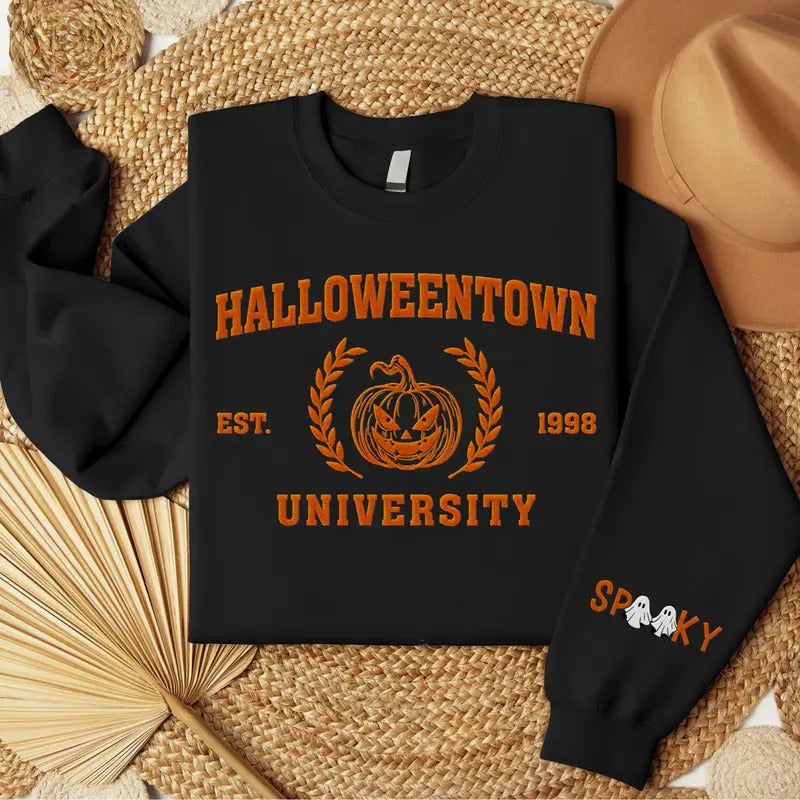 Embroidered Halloween Shirt, Halloweentown Sweatshirt, Embroidered Crewneck Pumpkin Shirt Hoodie | RetroVerseTees.com