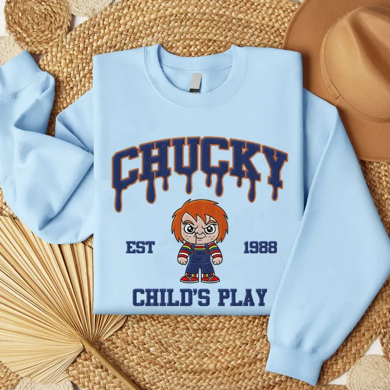Embroidered Horror Chucky Halloween Sweatshirt, Horror Movie Embroidery Shirt Hoodie | RetroVerseTees.com