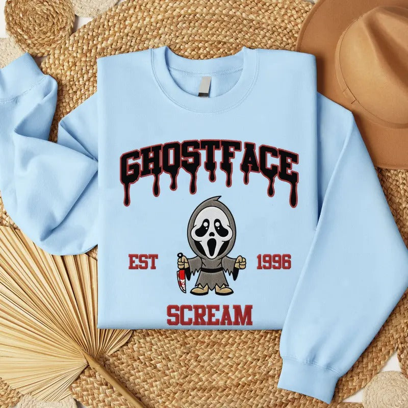 Embroidered Horror Ghostface Halloween Sweatshirt, Horror Movie Embroidery Shirt Hoodie | RetroVerseTees.com