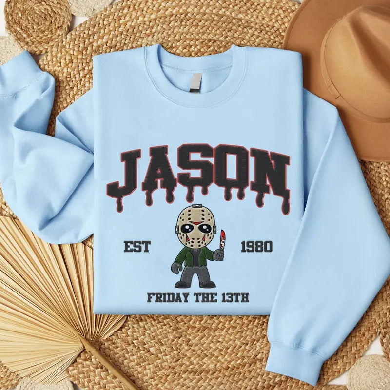 Embroidered Horror Jason Voorhees Halloween Sweatshirt, Horror Movie Embroidery Shirt Hoodie | RetroVerseTees.com