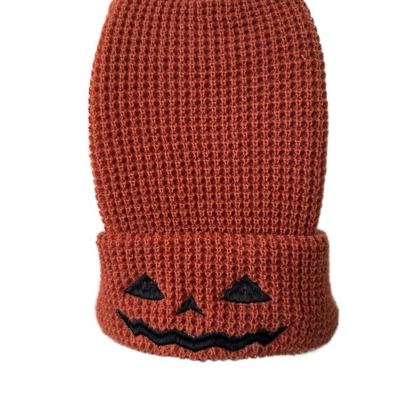 Embroidered Jack O' Lantern Beanie: Halloween Waffle Knit Hat, Halloween Embroidered Beanie Cotton 100% Acrylic Heather...