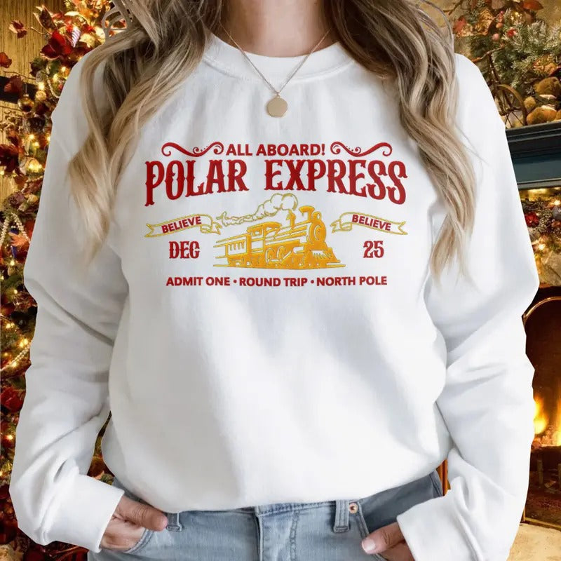 Embroidered Polar Express Sweatshirt, Xmas Crewneck Sweater, Family Christmas Tshirt Hoodie | RetroVerseTees.com