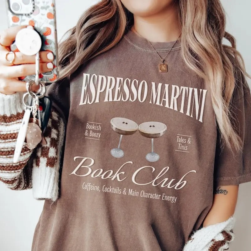 Espresso Martini Shirt,  Book Club Tshirt, Coffee Lover Gift, Bookworm Tee, Librarian Crewneck, Bookish Cocktail Lover...