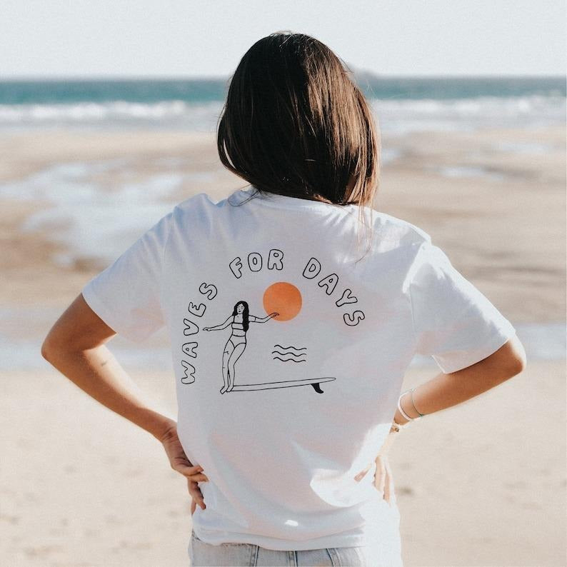 Ethically Made Oversized Surf T-Shirt: Waves for Days Screenprint Top | Eco-Friendly Screenprint, Women's Top Hoodie,...