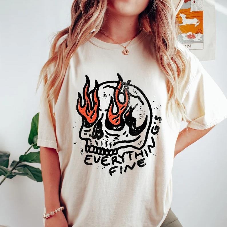 Everything is Fine Skeleton Oversized Vintage T-shirt, Funny Skeleton Shirt, It's fine I'm fine Everything is fine Top...