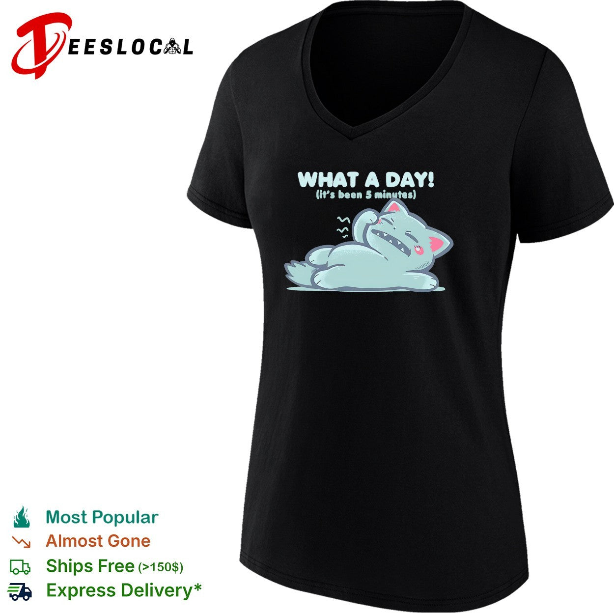 Exhausted cartoon cat lying down what a day it’s been 5 minutes shirt